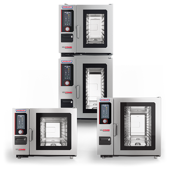 Four professional CHEF'S COMBI combi ovens by HOBART in stainless steel with glass doors and digital controls, arranged stacked and side by side.