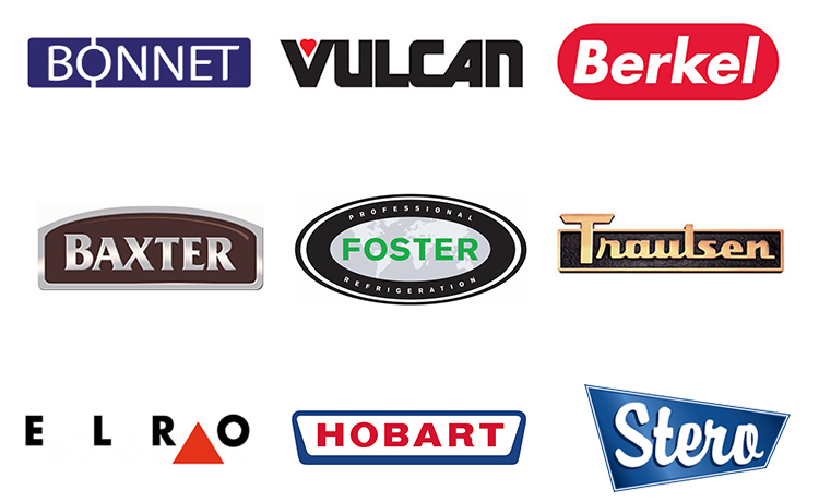Collection of nine brand logos from ITW Food Equipment Group: BONNET, VULCAN, Berkel, BAXTER, FOSTER, Traulsen, ELRO, HOBART, and Stero. These brands are part of Illinois Tool Works and represent professional kitchen solutions including dishwashing, cooking, food preparation, and refrigeration.