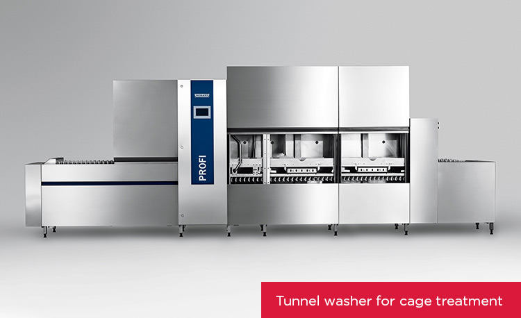 HOBART PROFI stainless steel tunnel washer for hygienic cage cleaning and treatment, featuring automated washing technology, integrated conveyor and multiple chambers, designed for laboratory and research environments.