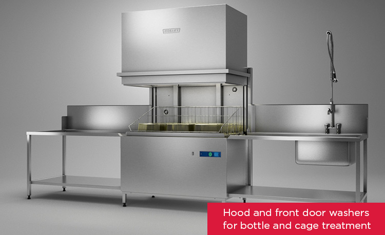 HOBART hood-type dishwasher in stainless steel with ergonomic loading and unloading tables, designed for hygienic cleaning of cages and bottles, including wash rack and pre-rinse spray.