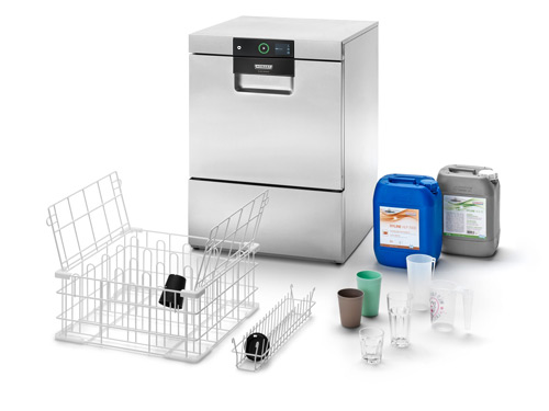  HOBART PREMAX beaker washing system including stainless steel professional dishwasher, wire basket with hinged lid for secure beaker handling, cleaning chemicals and sample beakers for hygienic washing in labs and catering.