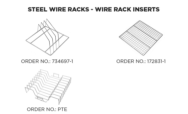Three different stainless steel wire inserts for commercial dishwasher racks, featuring V-shaped and parallel supports plus grid structure – perfect for trays, baking sheets, and large dishware.