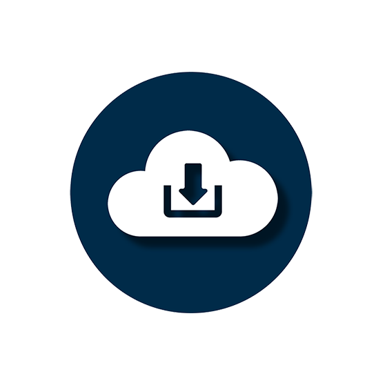 Minimalist cloud download icon featuring a white cloud with a downward arrow inside a dark blue circle, representing downloading files from cloud storage or online platforms.